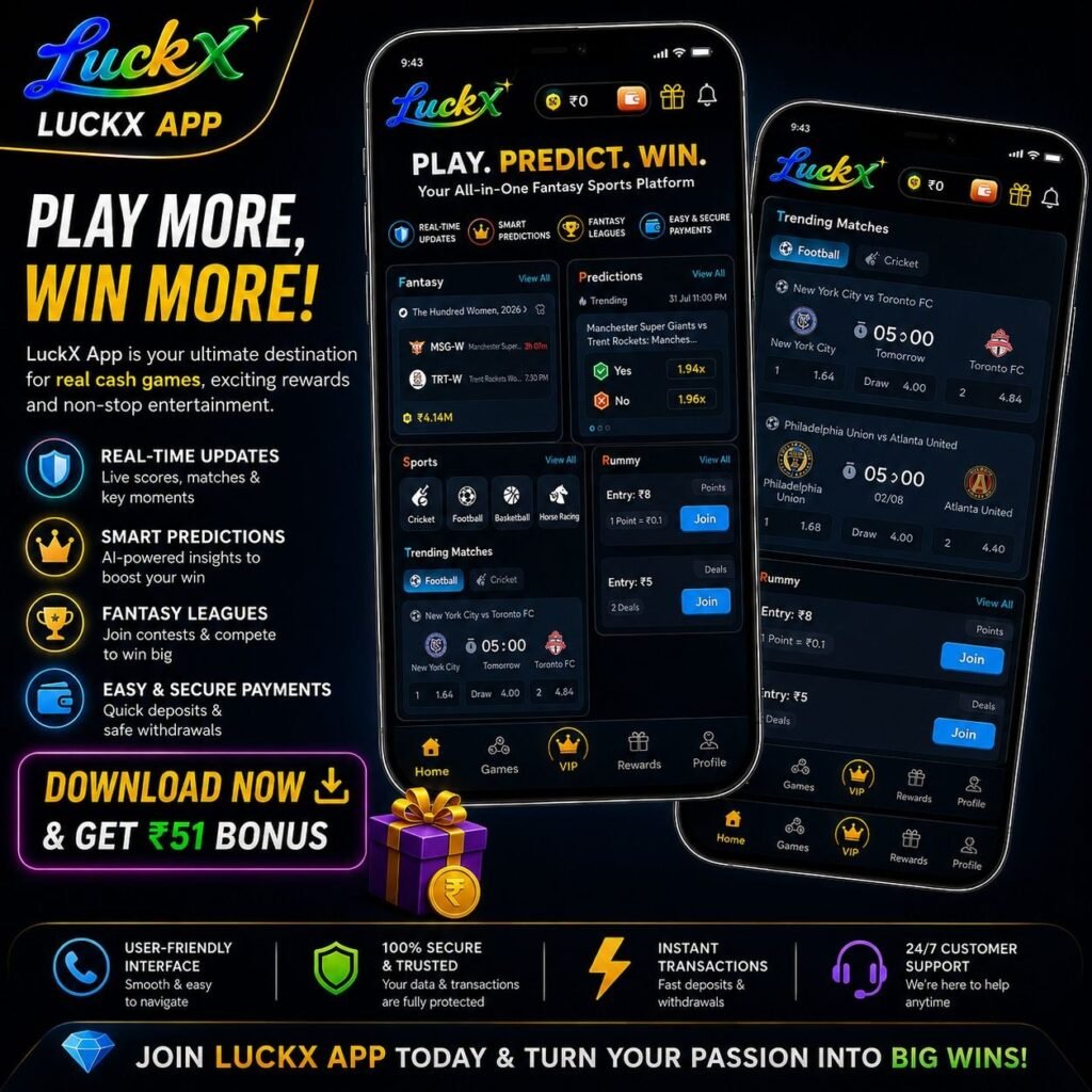 LUCKX Game Android application screen featuring sports, cricket matches, and gaming options.