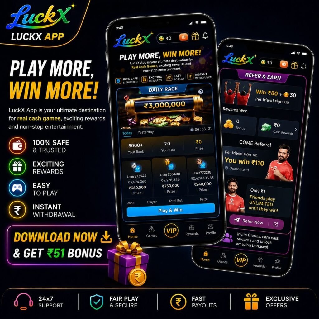 LUCKX Game mobile app homepage featuring sports games, cricket updates, and an interactive user interface.