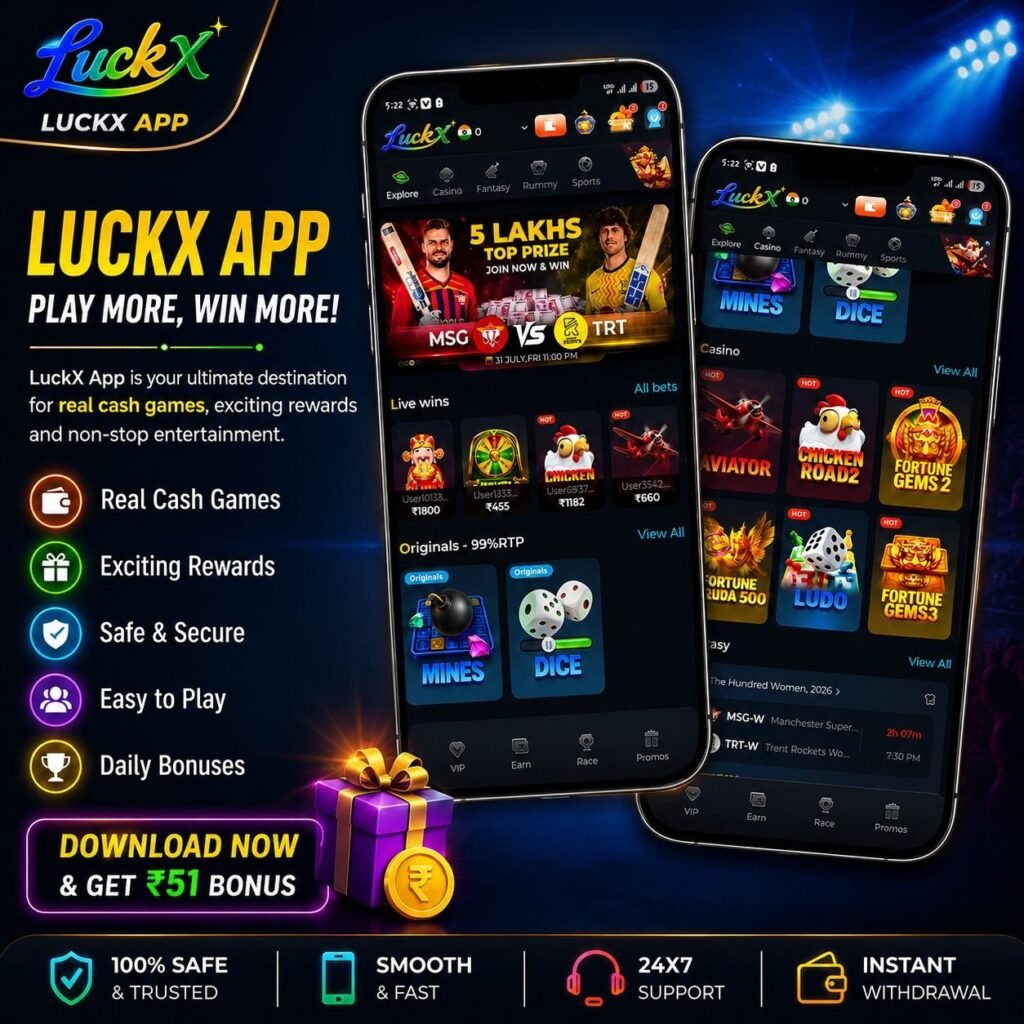 LUCKX Game mobile app homepage featuring sports games, cricket updates, and an interactive user interface.